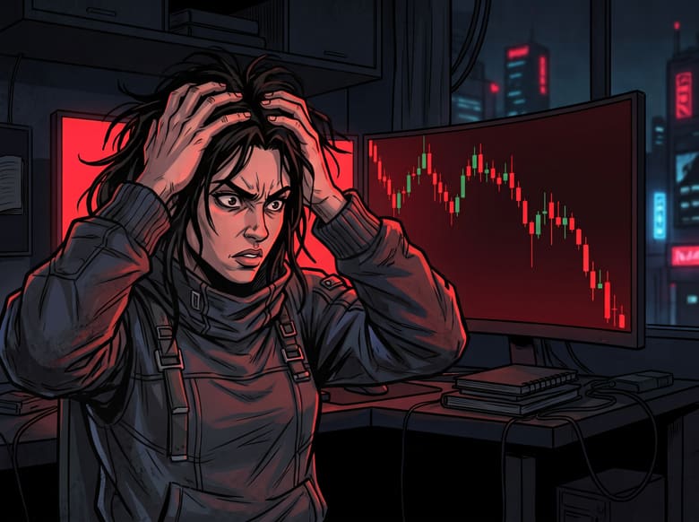 Illustration: a frustrated trader holding their head in front of a screen of falling red candles.